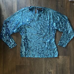 Vintage 80s 100% silk blue sequin top Della Roufogal 9 to 5 costume Dolly Parton